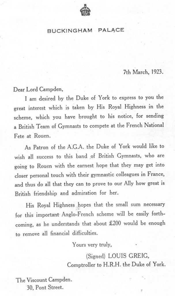 1923 letter confirming Duke of Yorks £200 contribution to French National fete