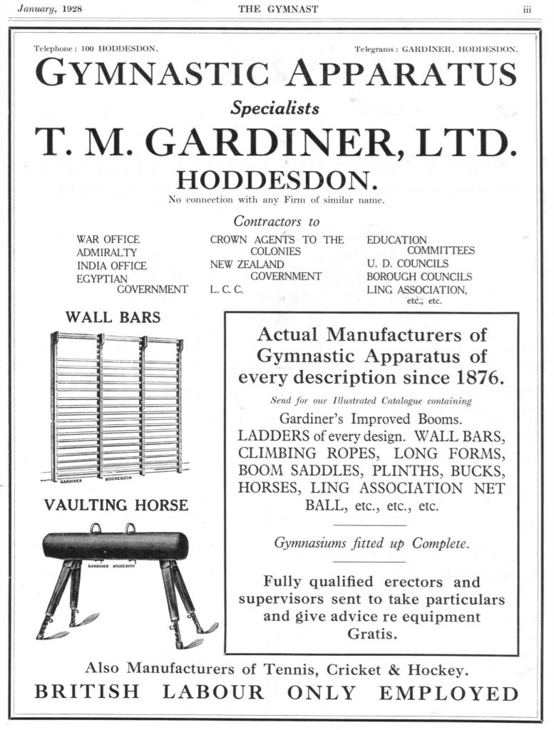 The Gymnast magazine shows a great variety of adverts for gymnastics apparatus. T M Gardiner has been making apparatus since 1876. 