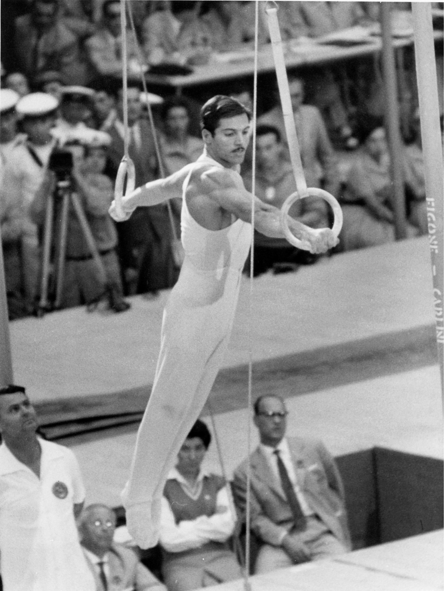 Albert Azarian peforming his Azerian Cross on Rings in the Rome 1960 Olympic Games