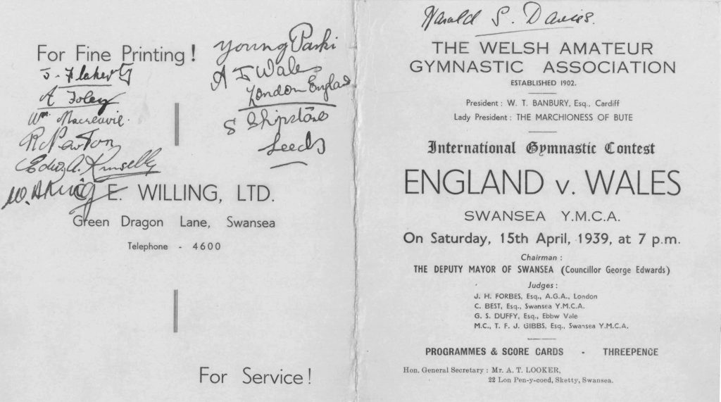 1939 Programme April England V Wales at Swansea YMCA